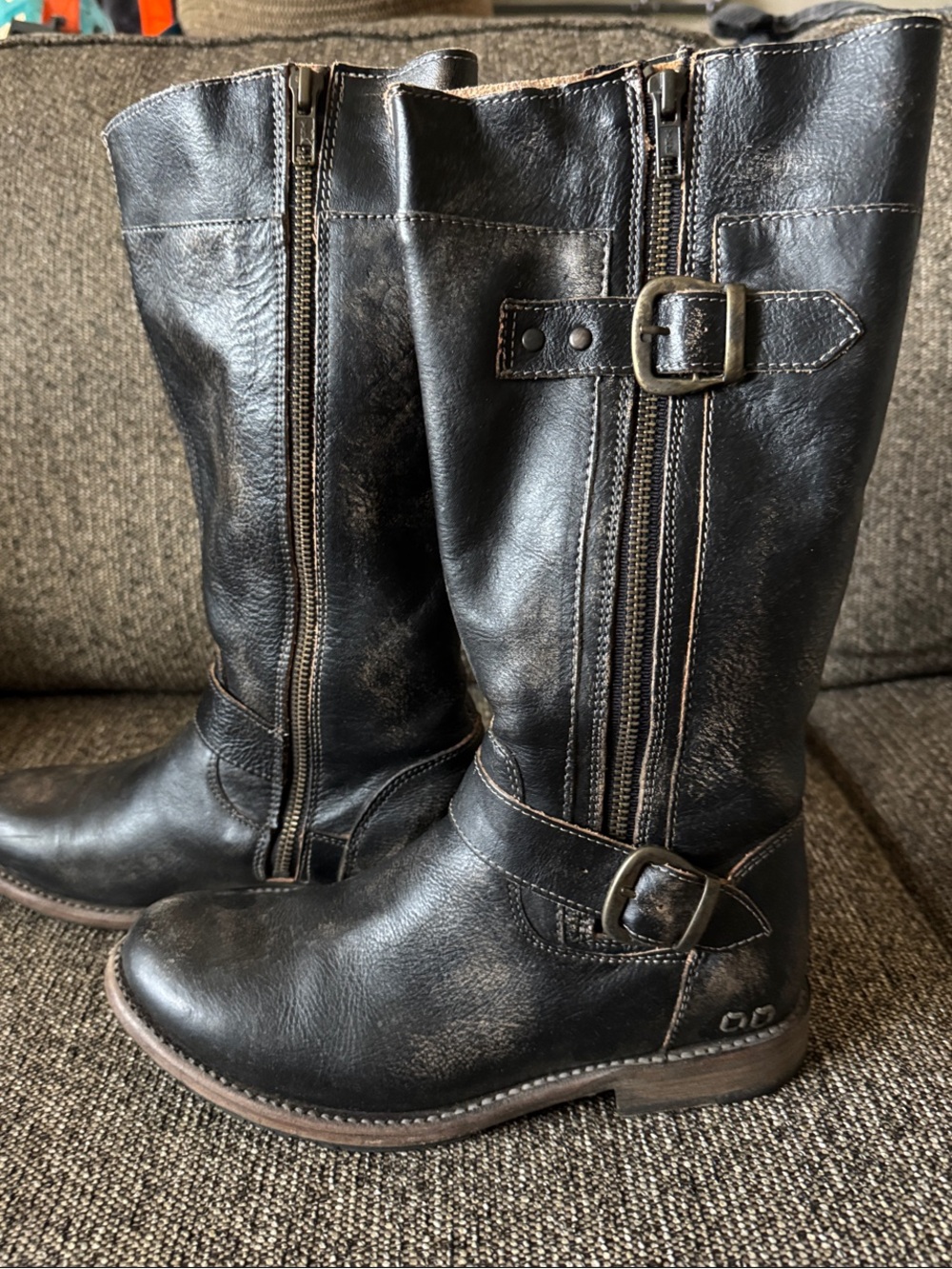 Bed Stu Black Lace-Up Leather Riding Boots with Buckle Accents